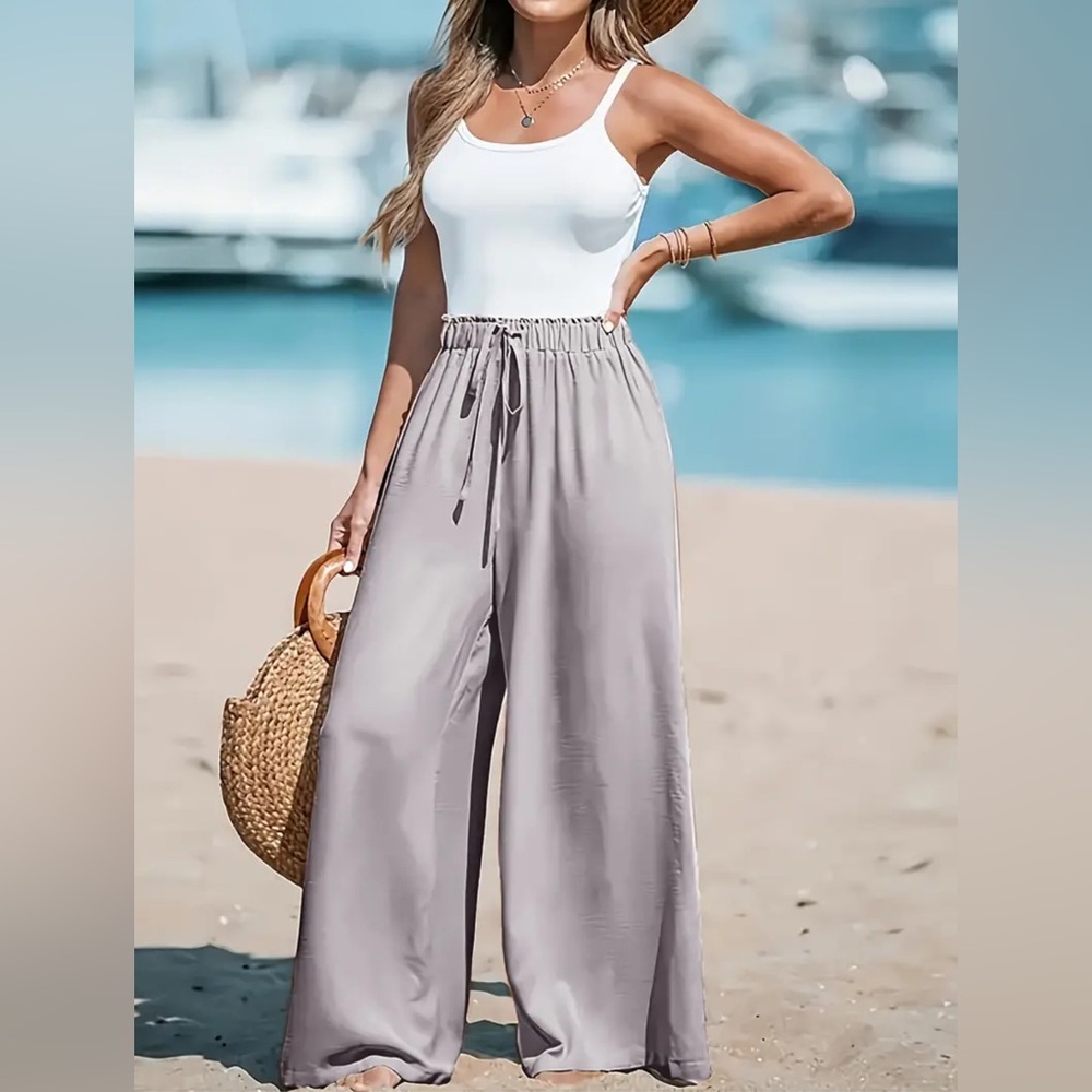 Women’s Taupe Wide-Leg Drawstring Pants – Lightweight Beach & Travel